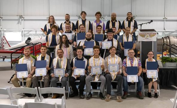  Legacy Aviation graduates celebrate the completion of their Airframe and Powerplant program on August 8, 2025, in Traverse City, Michigan